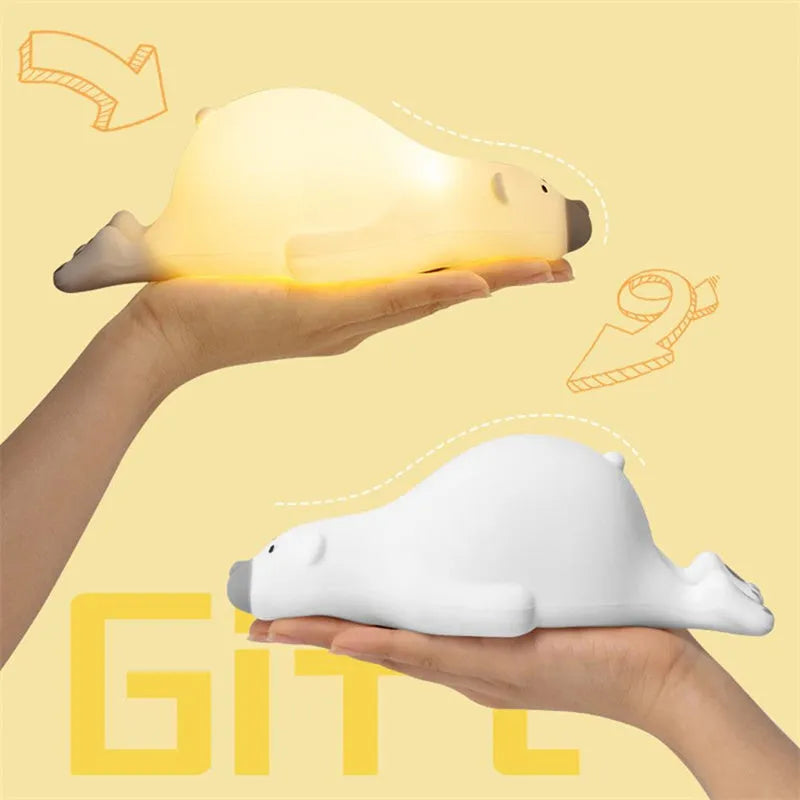 White bear-shaped silicone night light with 3 brightness levels, USB rechargeable, L21 x W10 x H7.5cm