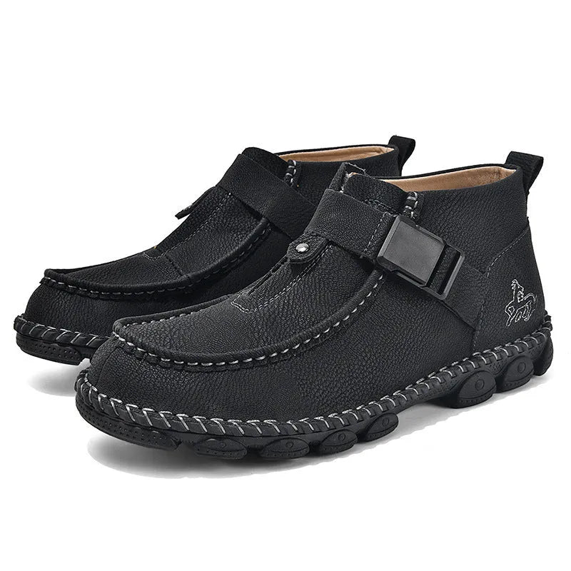 Handmade stitching casual flat bottom slip on lazy shoes in black synthetic leather