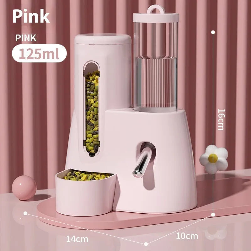 White hamster automatic drinking bottle feeder with integrated blue food bowl for small pet cage.