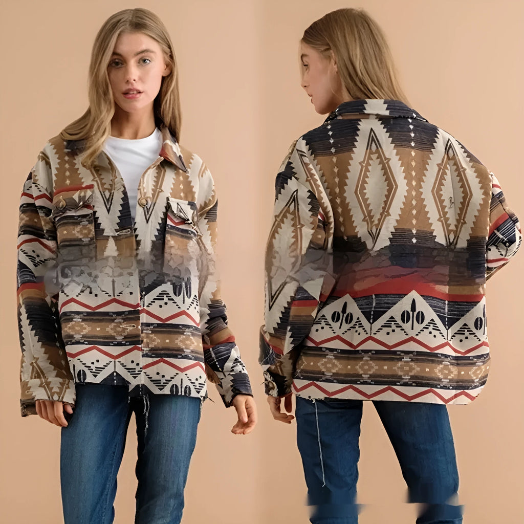 Women's loose-fit Aztec print woolen retro jacket in army green.