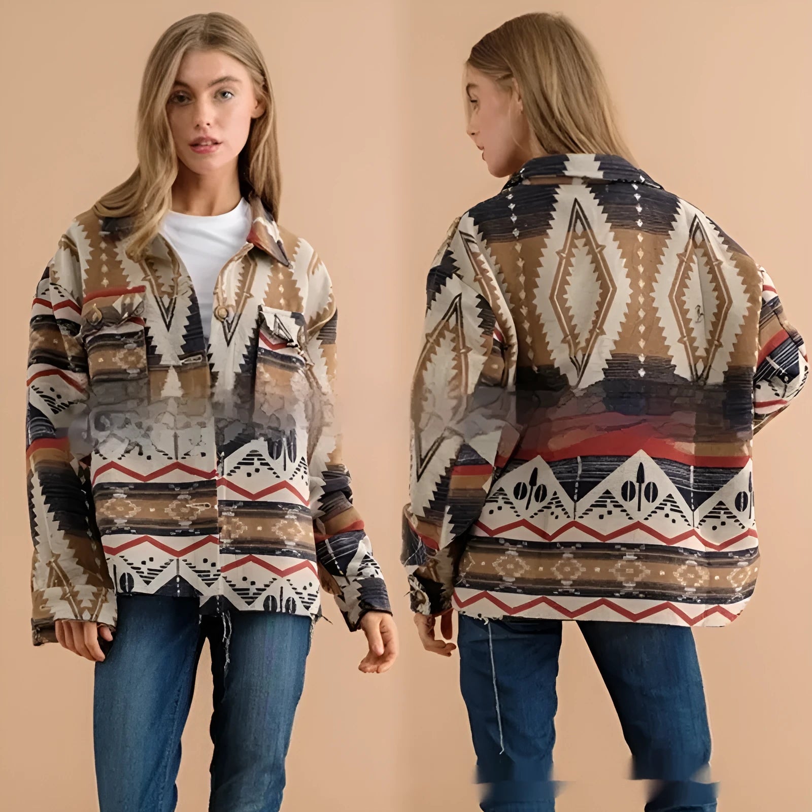 Women's loose-fit Aztec print woolen retro jacket in army green.