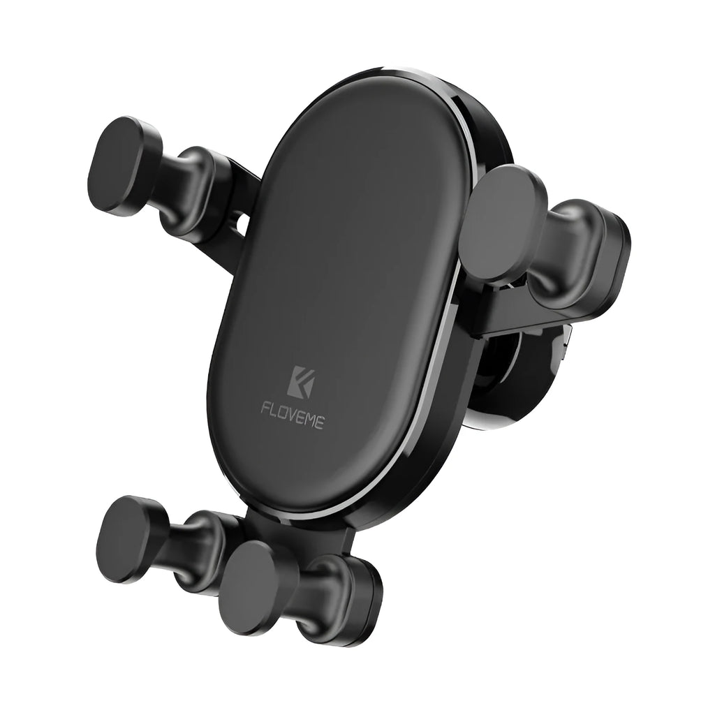 Black gravity car phone holder mounted on car vent with smartphone secured in 360-degree rotating cradle