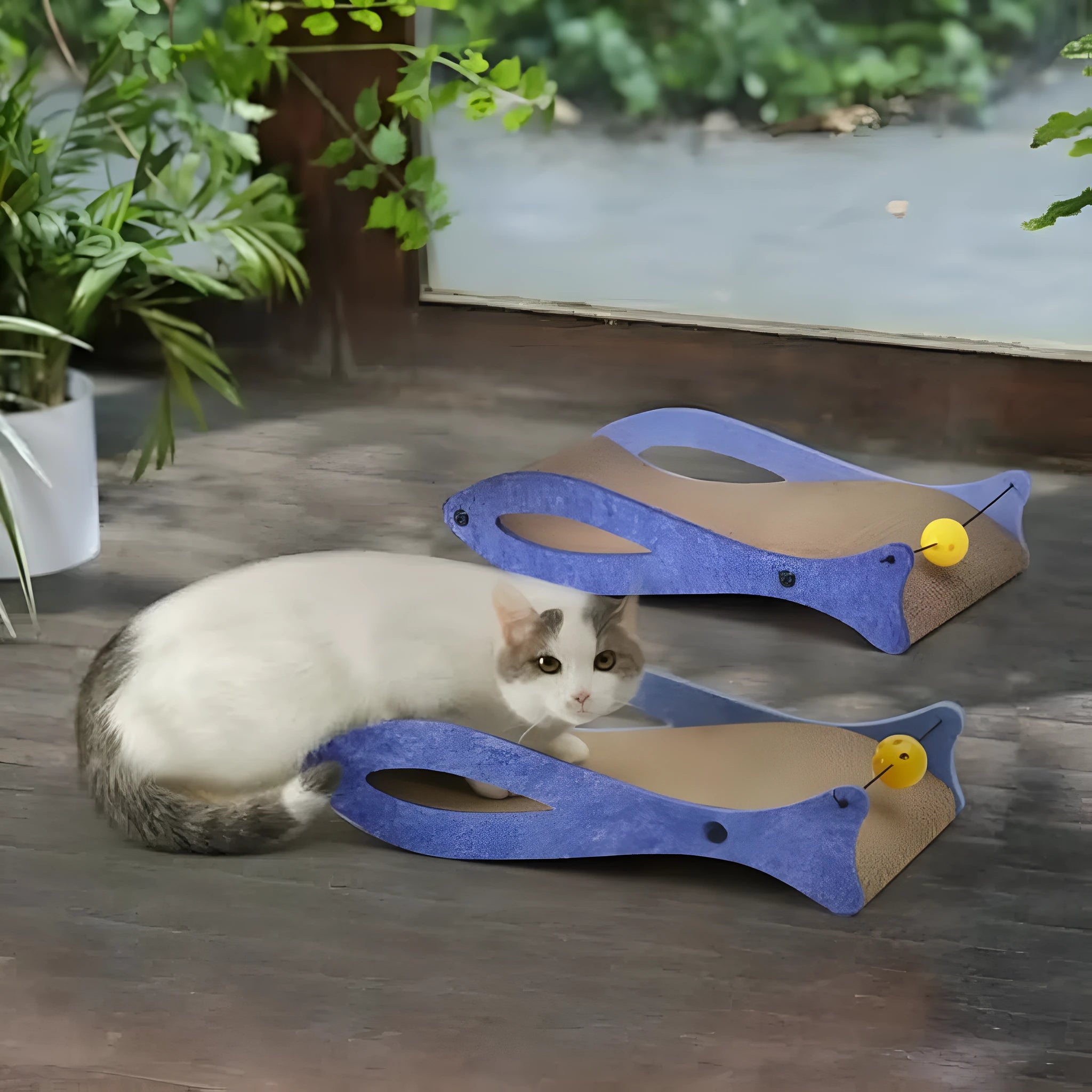 Blue fish-shaped cardboard cat scratcher lounge with bell ball toys for indoor cats.