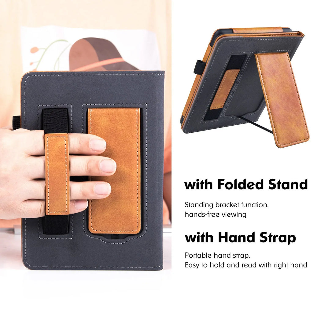 Kindle Paperwhite5 2021 leather case in various colours with an integrated wrist strap bracket.