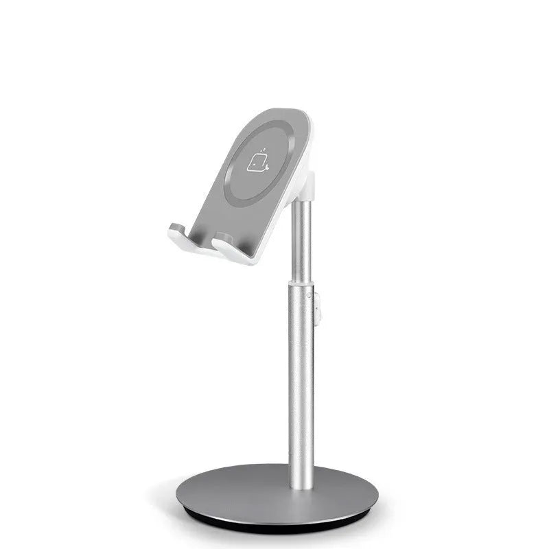 Silver metal desktop phone and tablet holder model S1 on a desk, showing a device held upright.