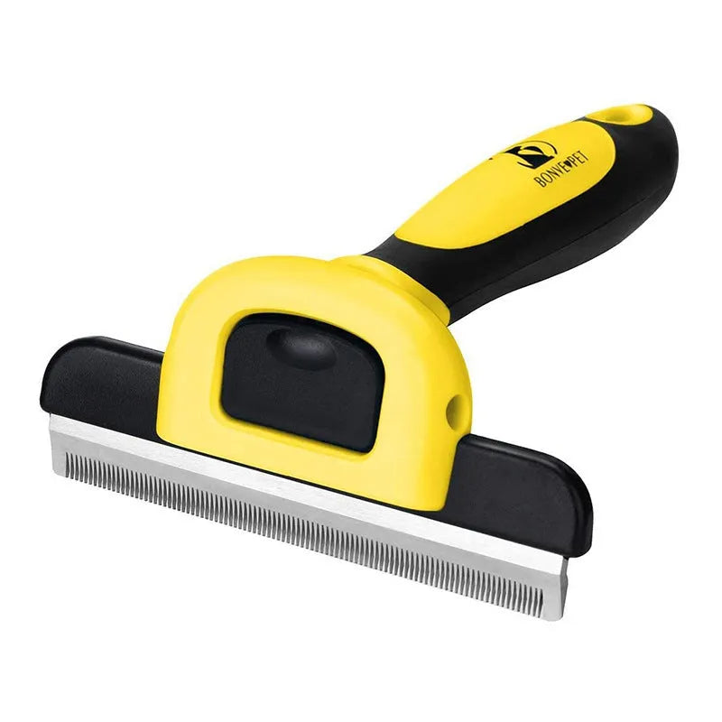 Blue and yellow dog grooming comb with stainless steel blades for pet hair removal and knot untying