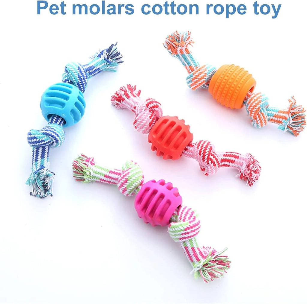 Blue soft dog chew toy with white ropes for cleaning teeth