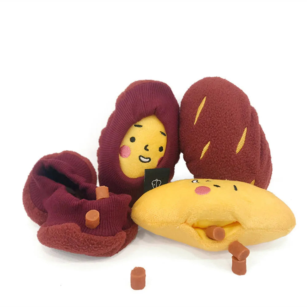 Red sweet potato pet toy with a peel-off layer and hidden treat pocket for dogs and cats.
