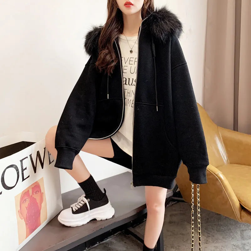 Plus size fleece-lined hooded cardigan sweater in white, grey or black, loose retro style, long sleeves, sizes M L XL