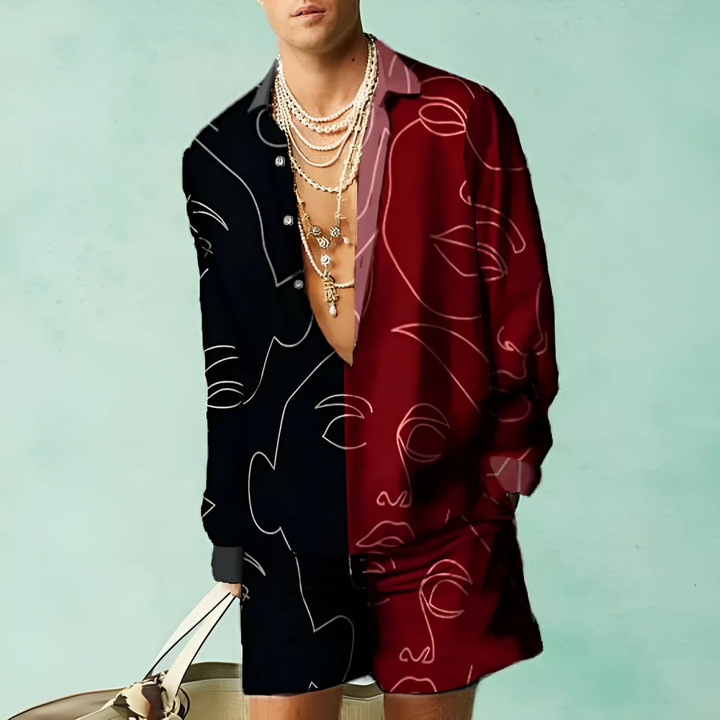 Men's casual summer shirt and shorts two-piece set in a colour matching pattern.