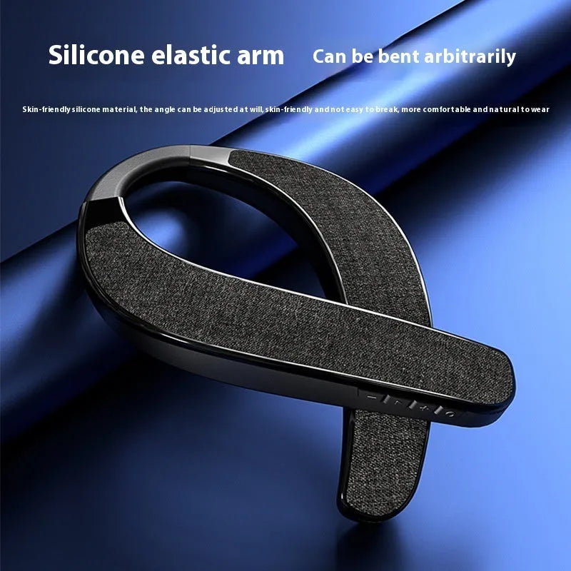 Neck-mounted stereo wireless Bluetooth speaker in black with USB charging port on a clean background.