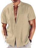 Men's short-sleeved solid colour cotton casual shirt in khaki, front view, fold collar, short sleeves, size M
