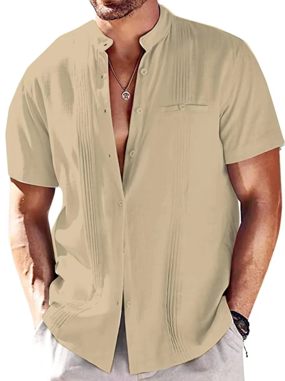 Men's short-sleeved solid colour cotton casual shirt in khaki, front view, fold collar, short sleeves, size M