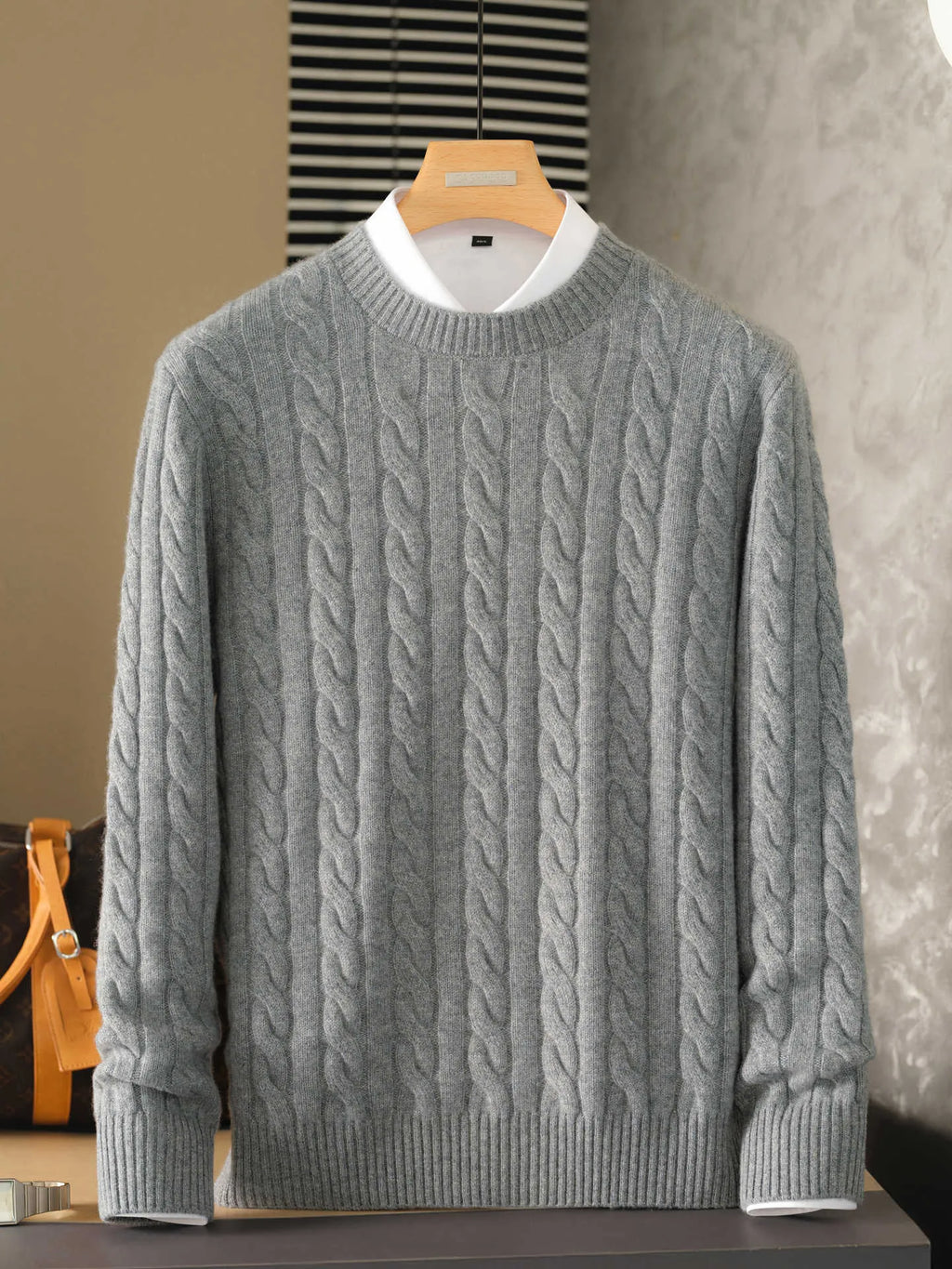 Pure cashmere sweater round neck double-ply cable knit thickened warm base layer in Golden Camel for men