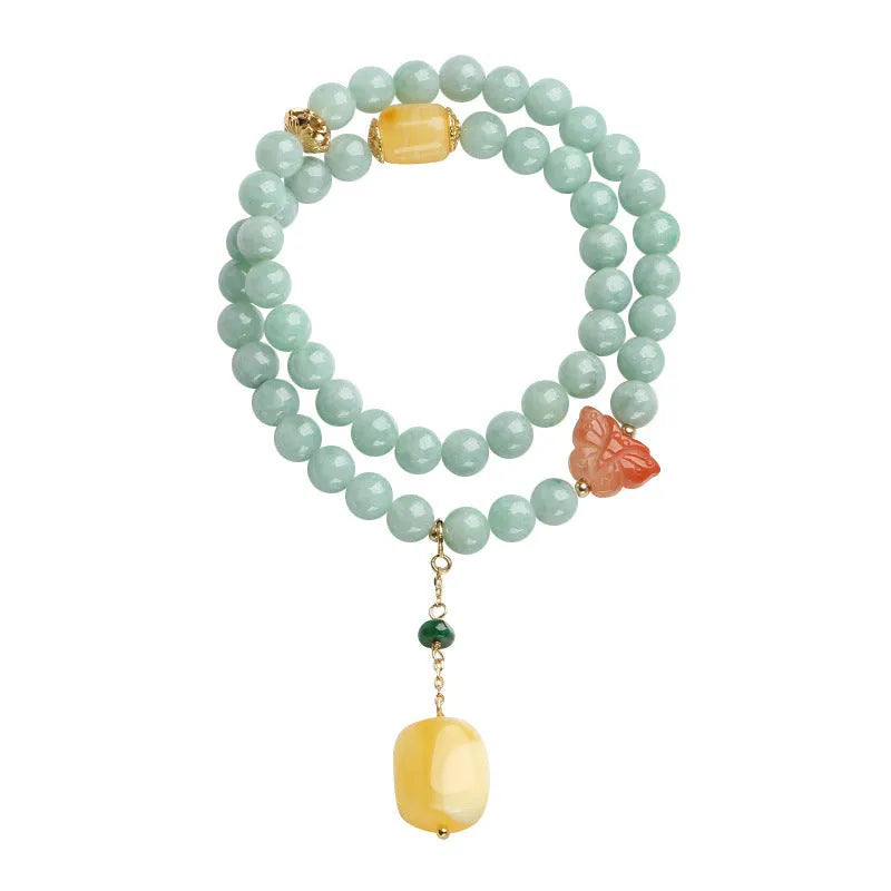 Double-layer jade and beeswax retro bracelet with geometric bead arrangement