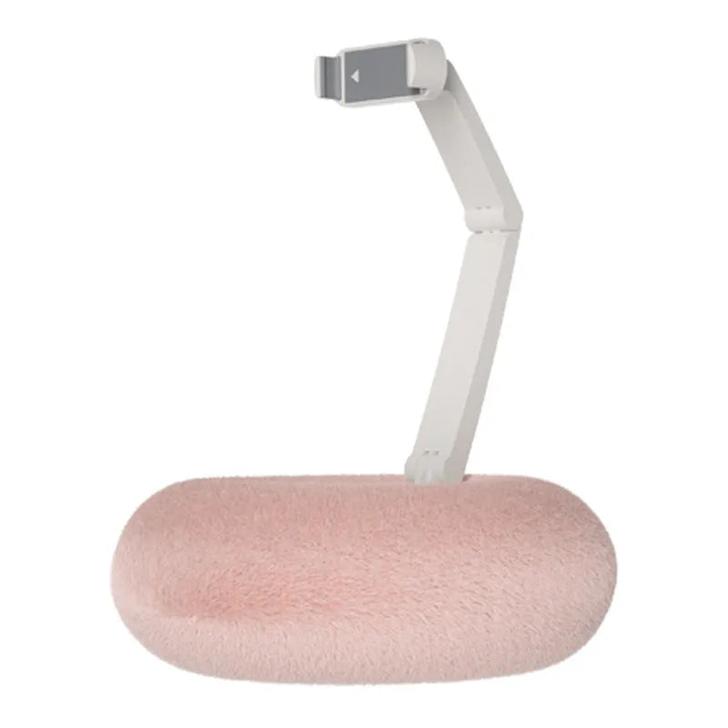 Adjustable rotating bracket holding a tablet on a desk, showing vertical lift and clamp mechanism.