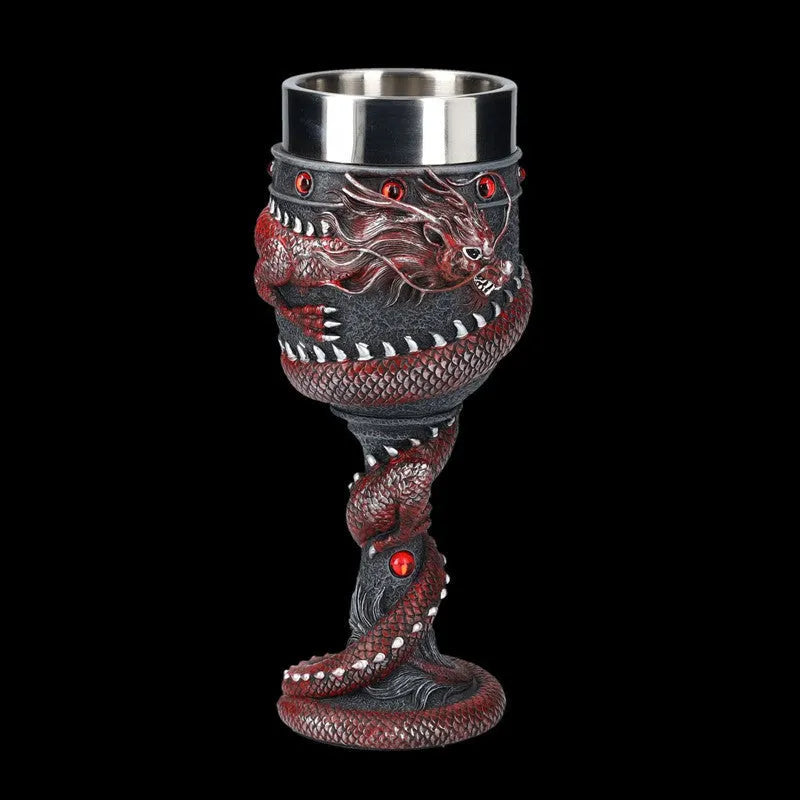 Red wine glass with Chinese dragon 3D art design and stainless steel stem