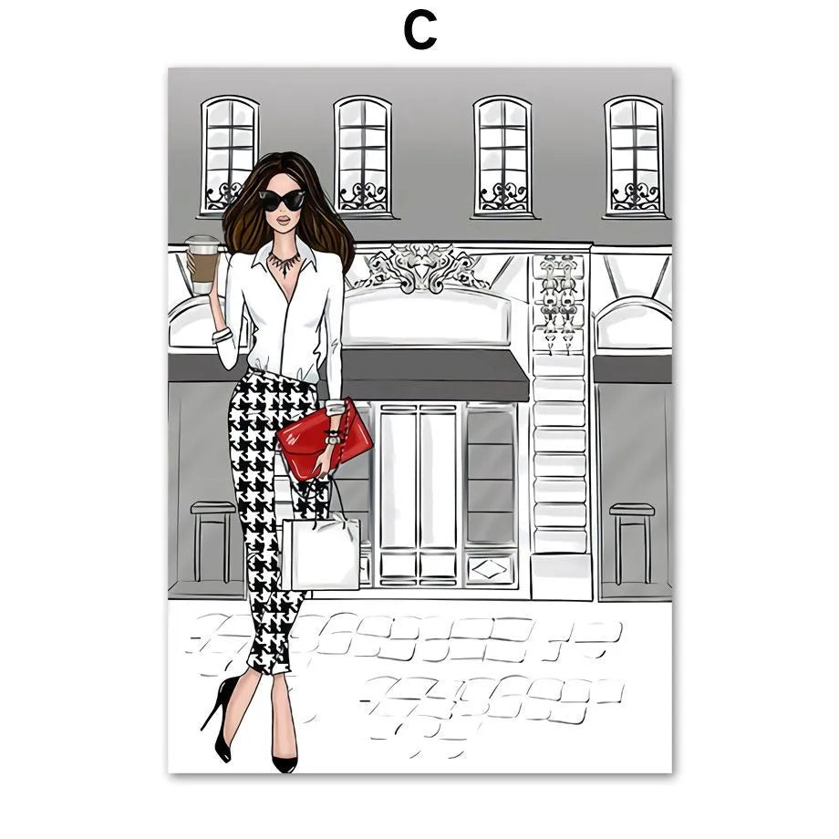 Canvas wall art print showing fashion girl with balloons and champagne cartoon anime celebration scene
