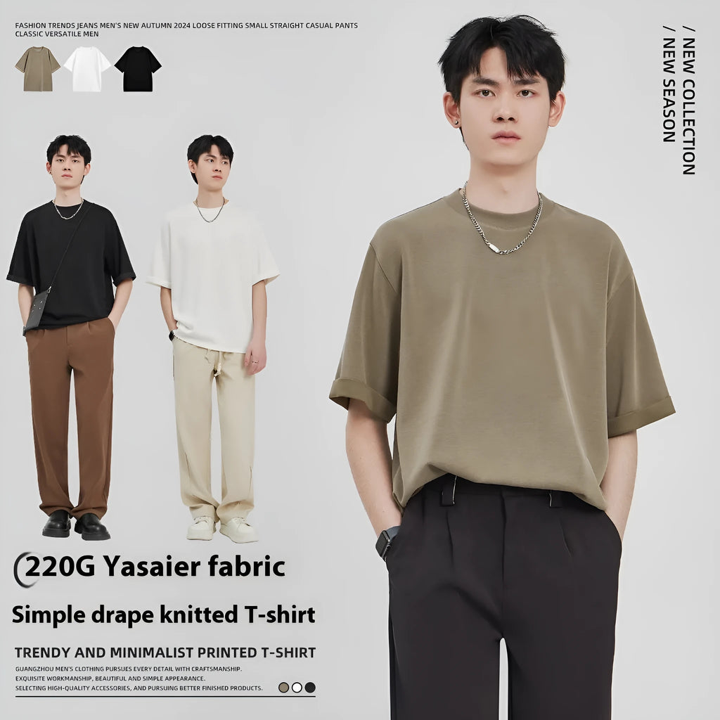 Men's loose fit drape knit casual T-shirt in solid colour on a hanger