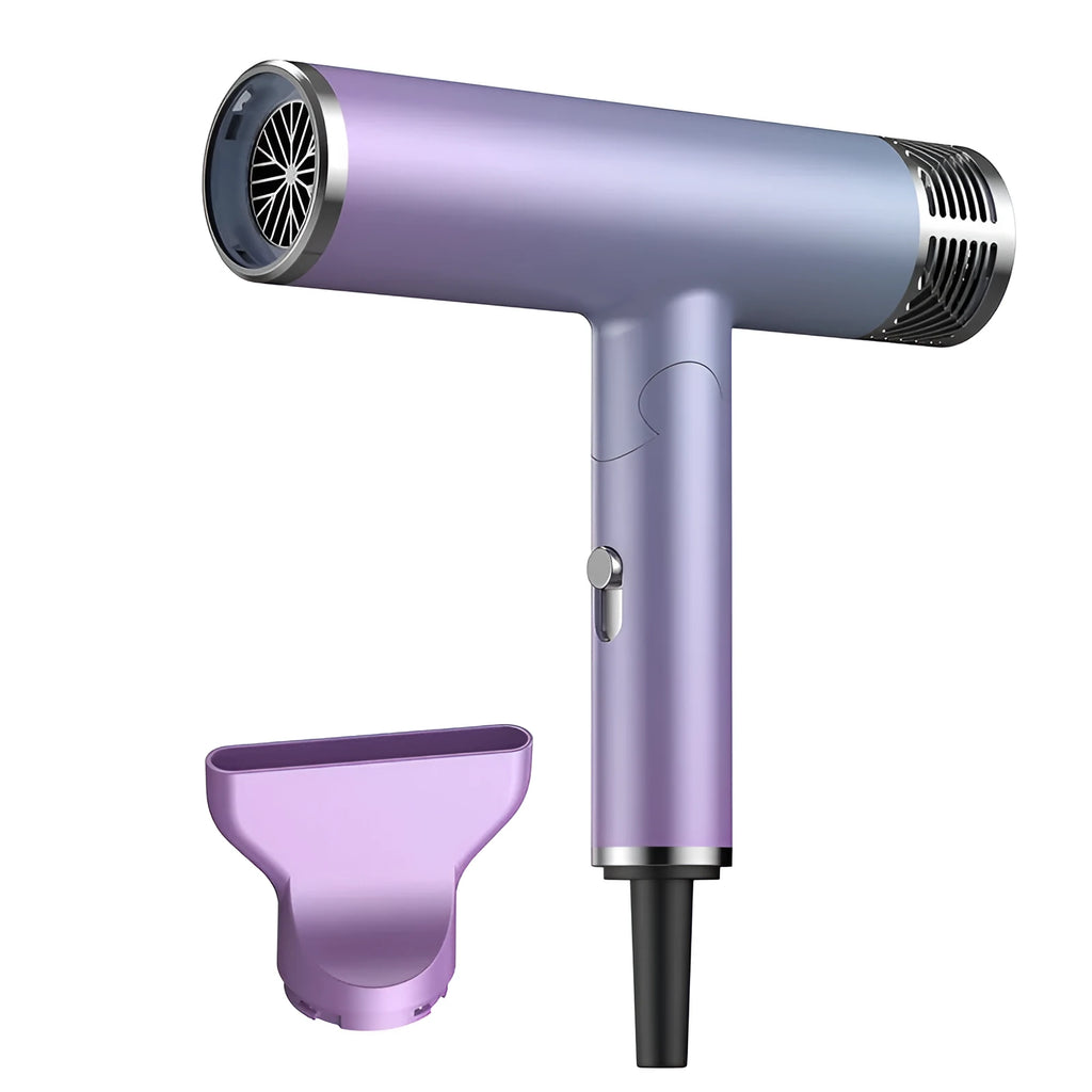 Green foldable hair dryer with collapsed handle next to a suitcase.