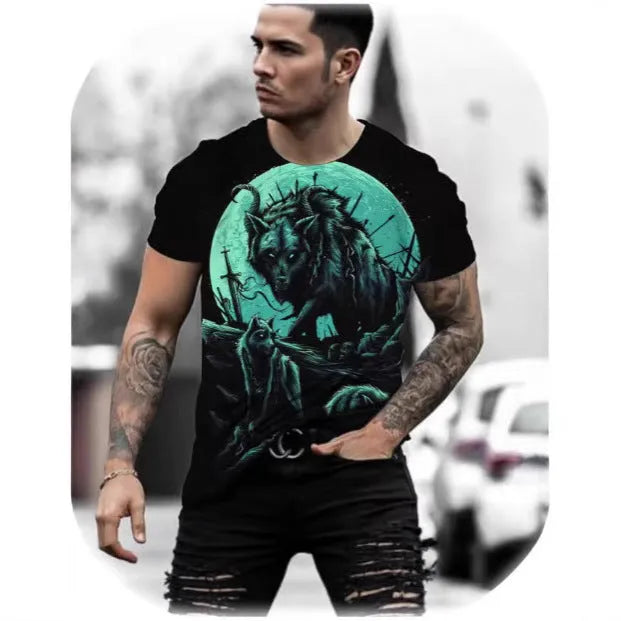Retro style men's t-shirt with a 3D animal pattern print, short sleeves, and a pullover neck.