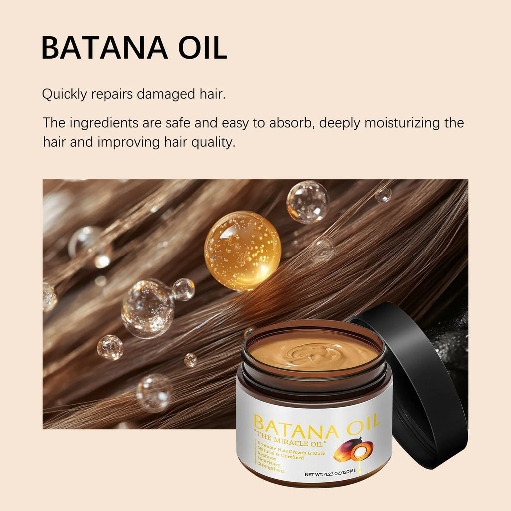 Batana Hair Mask bottle, 120ml net content, for nourishing and softening frizzy hair.