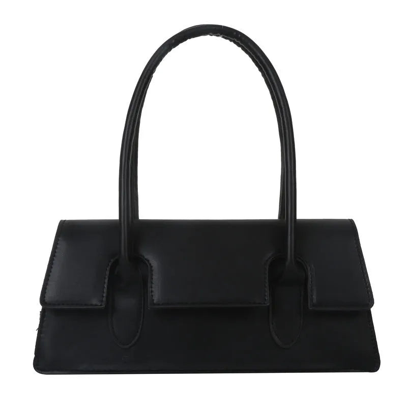 Women's small horizontal square shoulder bag in PU leather with single strap and stitching detail.