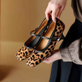 Women's black square toe stiletto heel ankle-strap shoes with horse hair upper