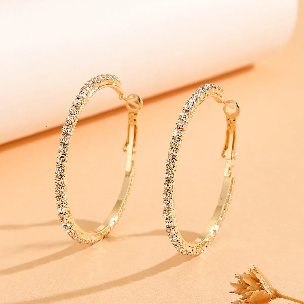 Gold plated copper zircon inlaid princess style large earrings for women, gold white colour, 1 pair