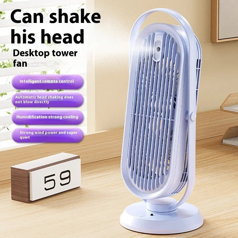 White modern desktop USB tower fan with remote control on a wooden desk, showing dual air outlets.