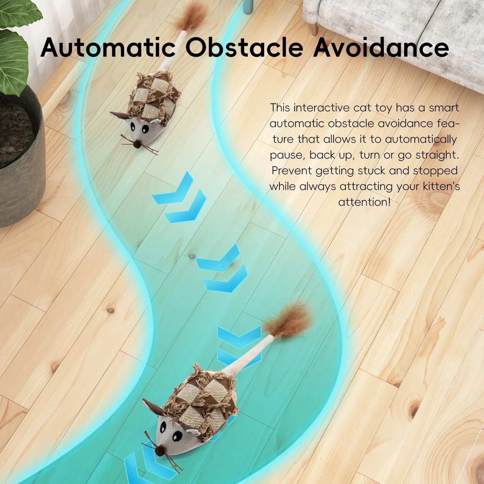 Electronic motion cat toy with moving mouse design, rechargeable battery, sound box and feather attachments in Blue and Yellow options
