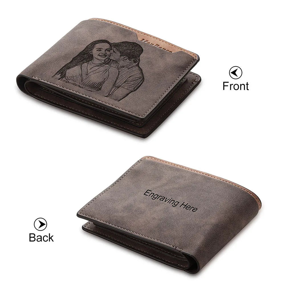 Coffee-coloured engraved horizontal PU leather wallet with personalisation, shown closed.