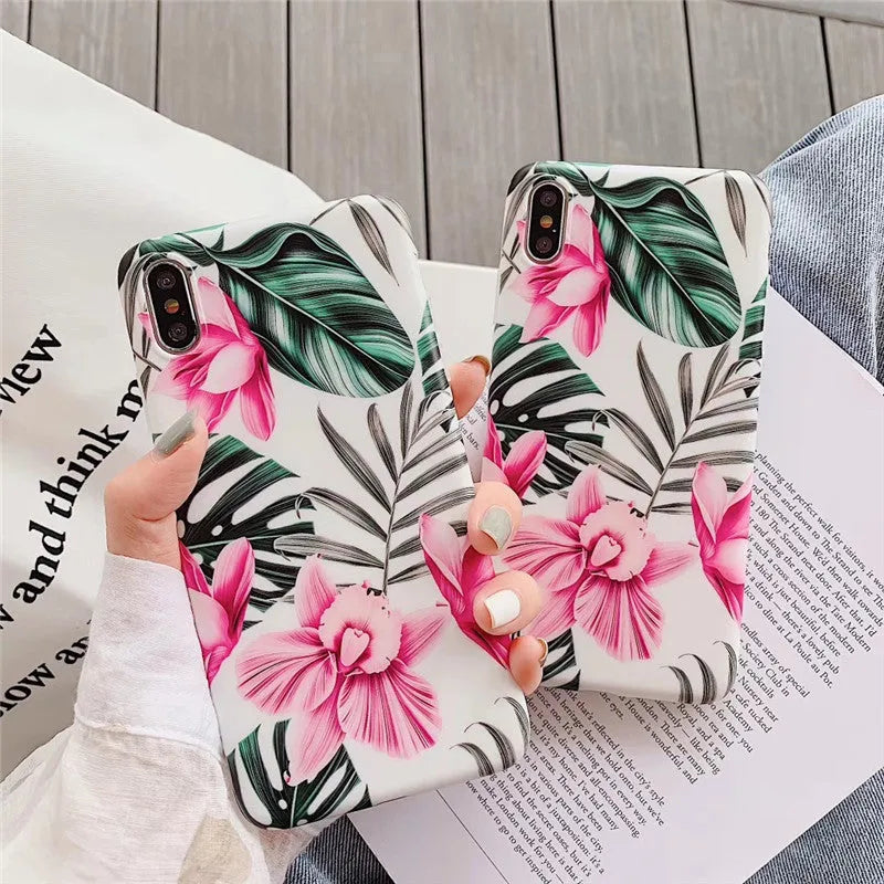 Pink floral print on a slim flexible TPU back cover case for Apple iPhone