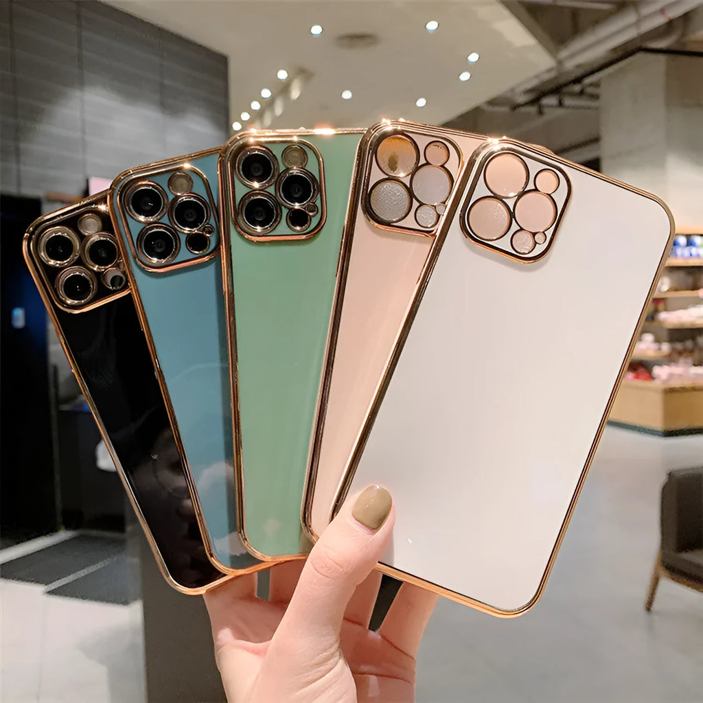 Solid colour electroplated mobile phone case for iPhone 13 series shown in a selection of available colours.