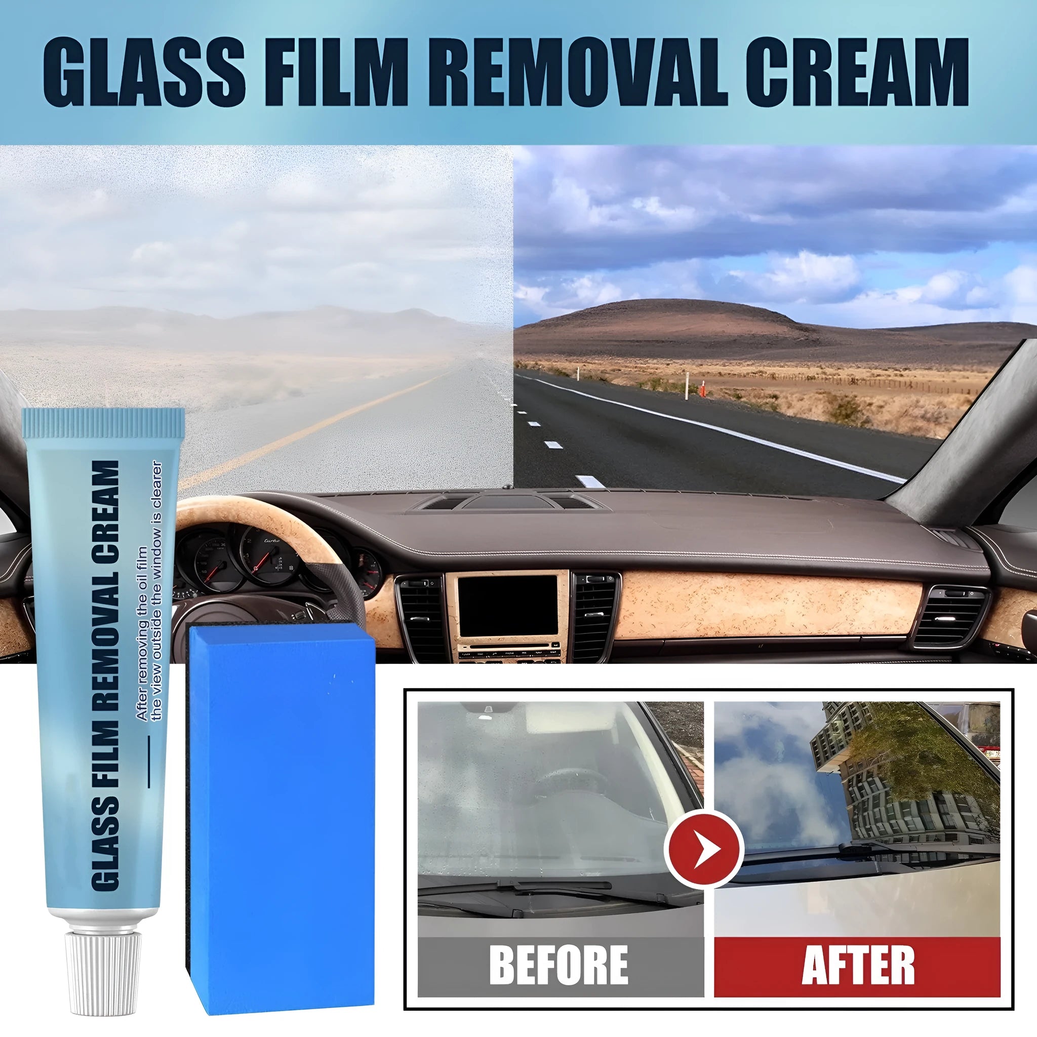 Blue car glass oil film remover bottle and soft sponge applicator for cleaning windscreens