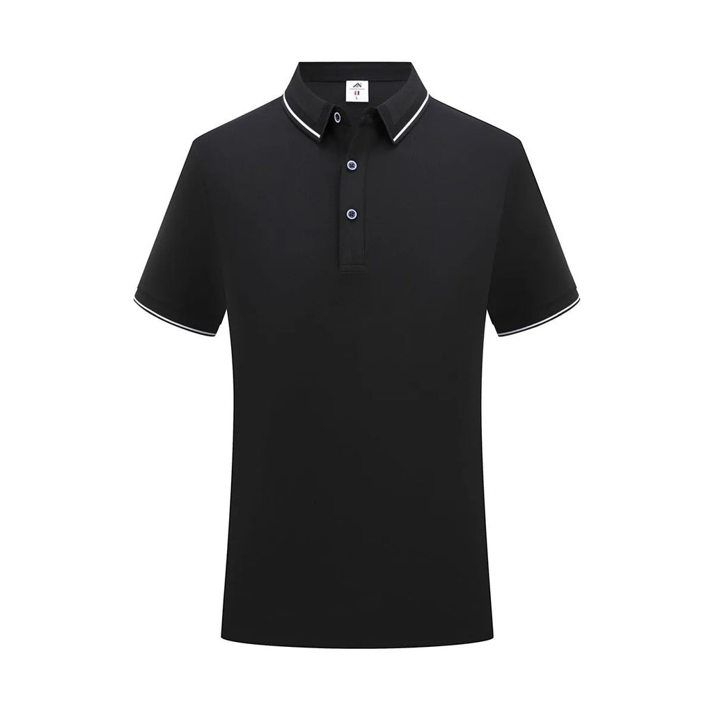 Short-sleeved beautician work polo shirt in cool silk cotton on a hanger, showing asymmetric detail and collar.