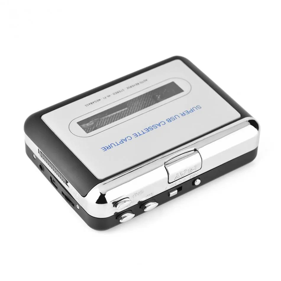 Silver USB cassette player converting tapes to MP3 files with included software and earphones
