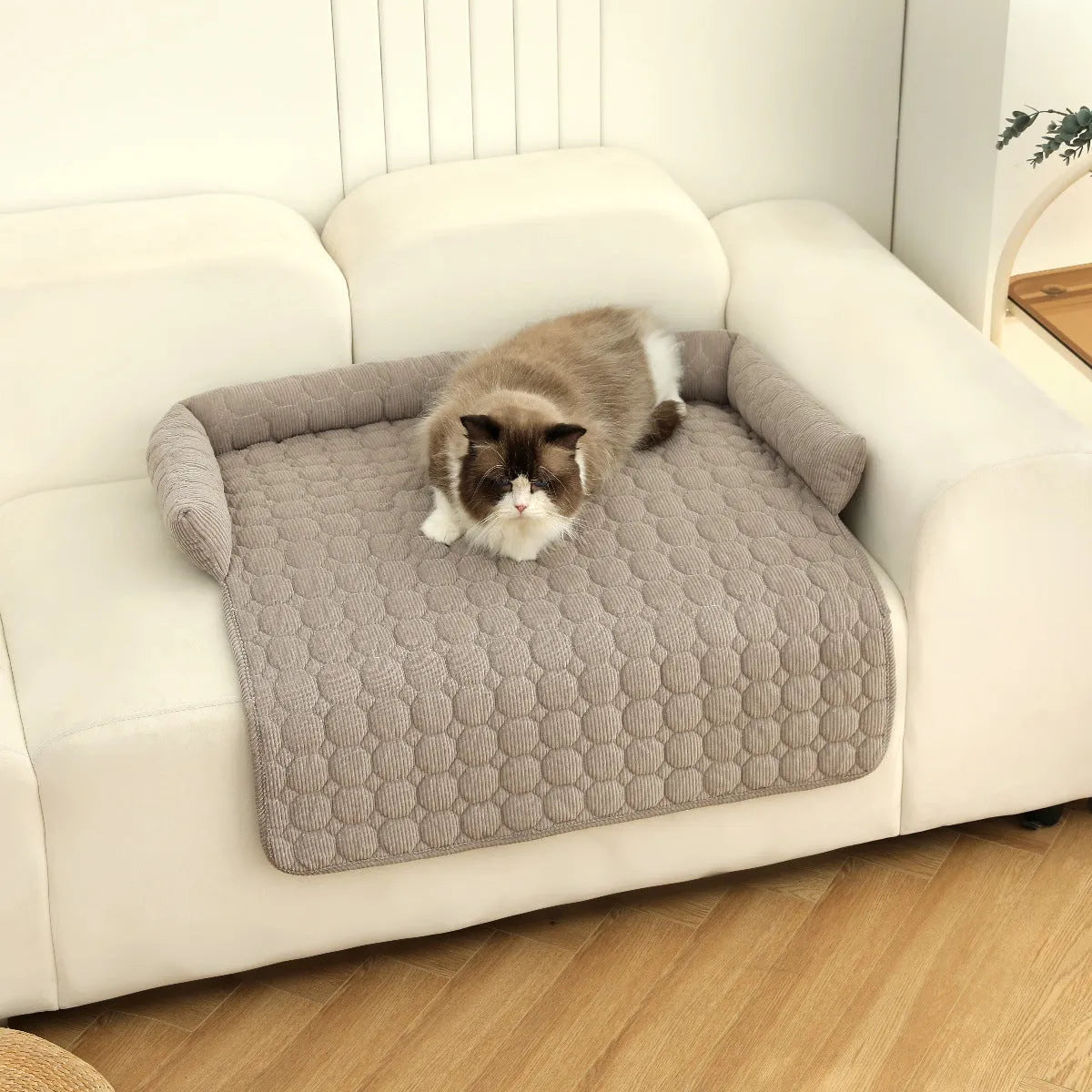 Corduroy pet bed mat with neck pillow, 75cm x 75cm, 900g, in Beige or grey for dogs and cats