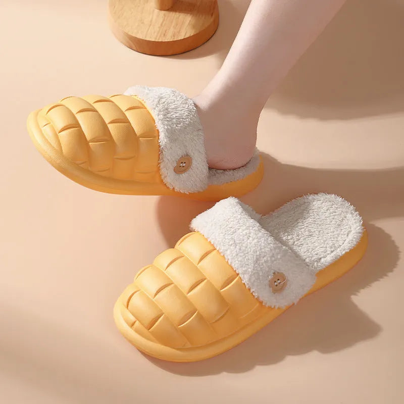 Plaid-patterned detachable women's house slippers with a plush lining and a light-coloured EVA sole.