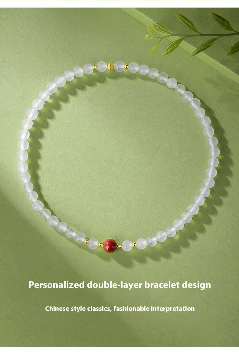 White agate women's bracelet with double-layer construction and geometry-shaped beads