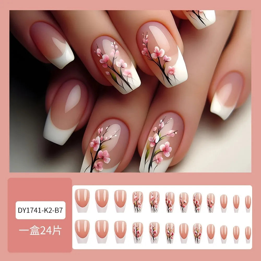 Plum blossom pattern white edge French false nail tips with starry sky accents, short ballet style, 24 pieces with jelly glue