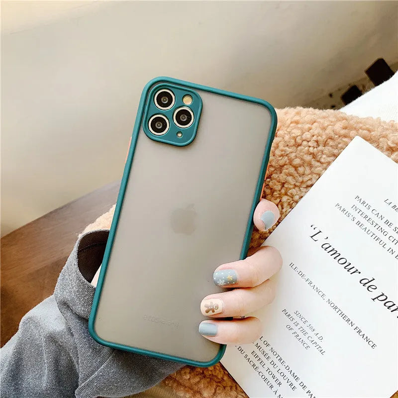 Solid colour silicone shockproof protective case for iPhone with transparent sleeve, shown in black.