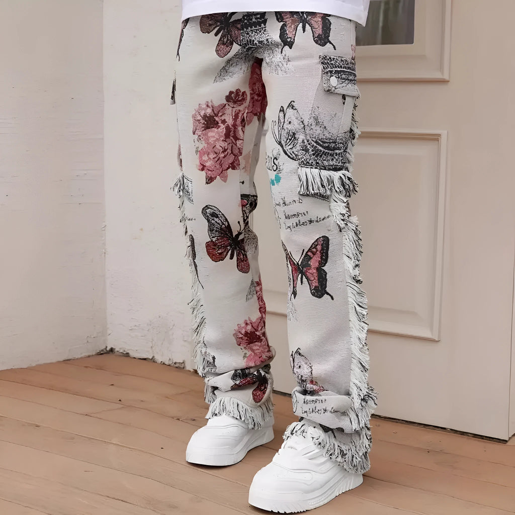 Men's slim fit animal digital print denim trousers in mid-waist casual style with zip fly