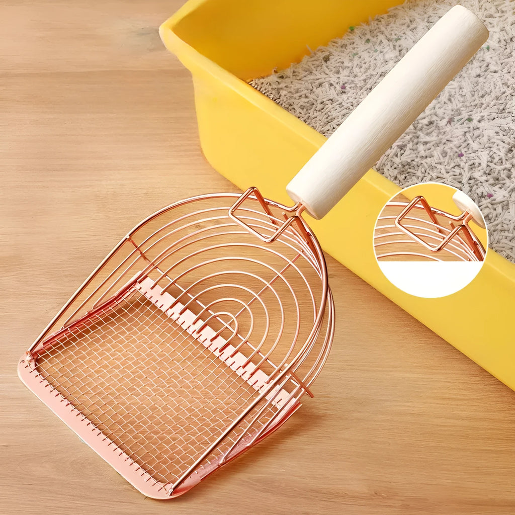 Stainless steel cat litter scoop with wooden handle in one of three available designs