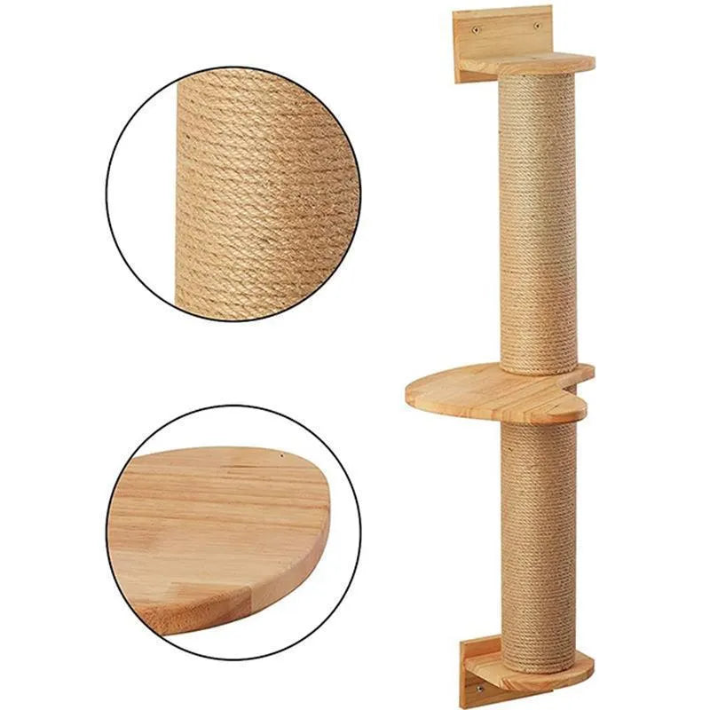 Wooden wall-mounted cat climbing frame with sisal rope scratching post and elevated platform