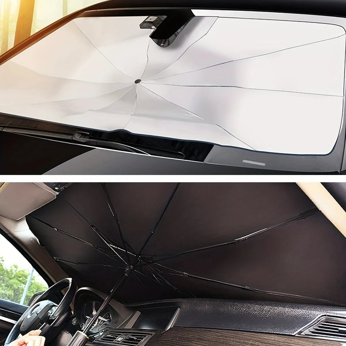 Foldable car windshield sunshade umbrella shown in open position against car windscreen