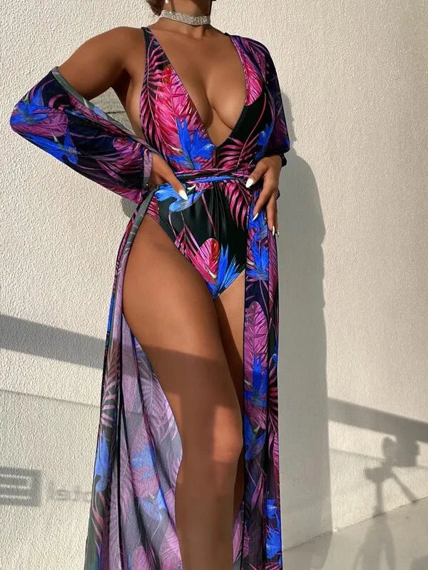 Women's three-piece polyester swimsuit set with cover-up coat in pattern options