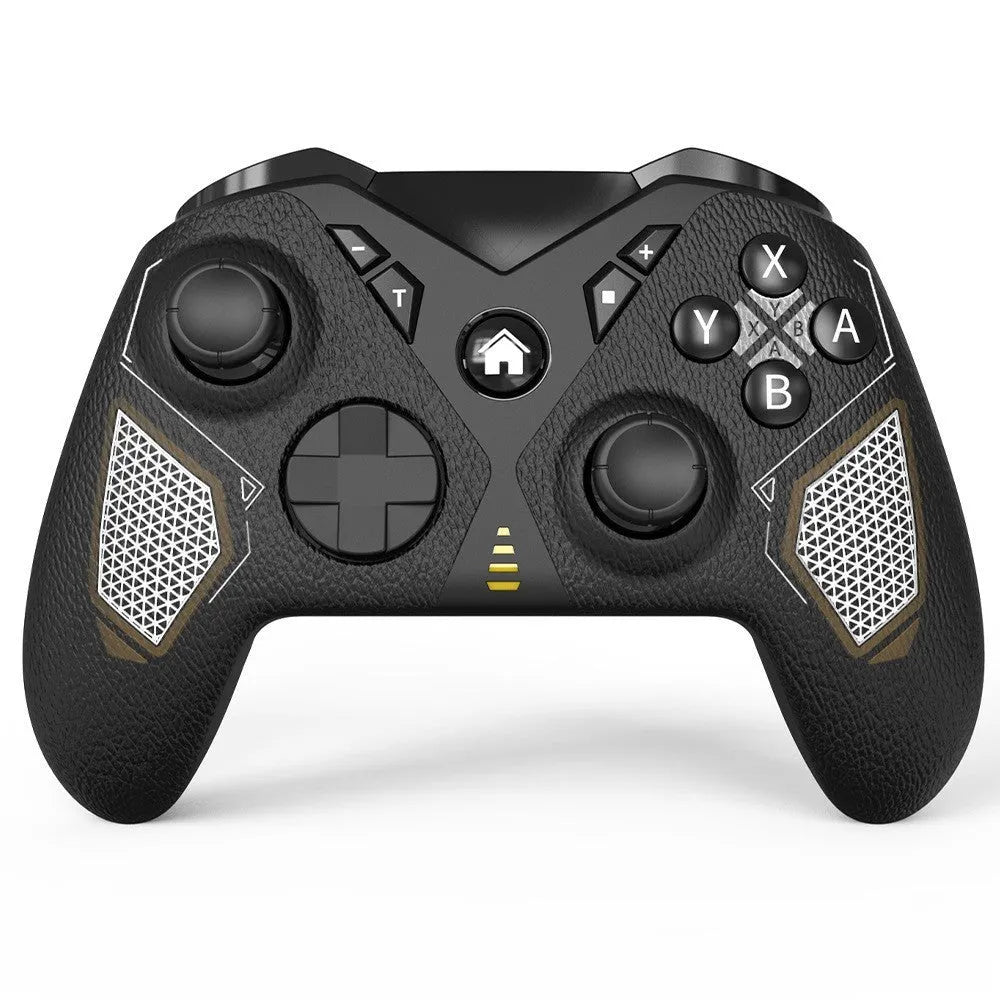 Black wireless game controller with leather pattern texture for Nintendo, PC, and smartphone.