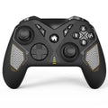 Black wireless game controller with leather pattern texture for Nintendo, PC, and smartphone.