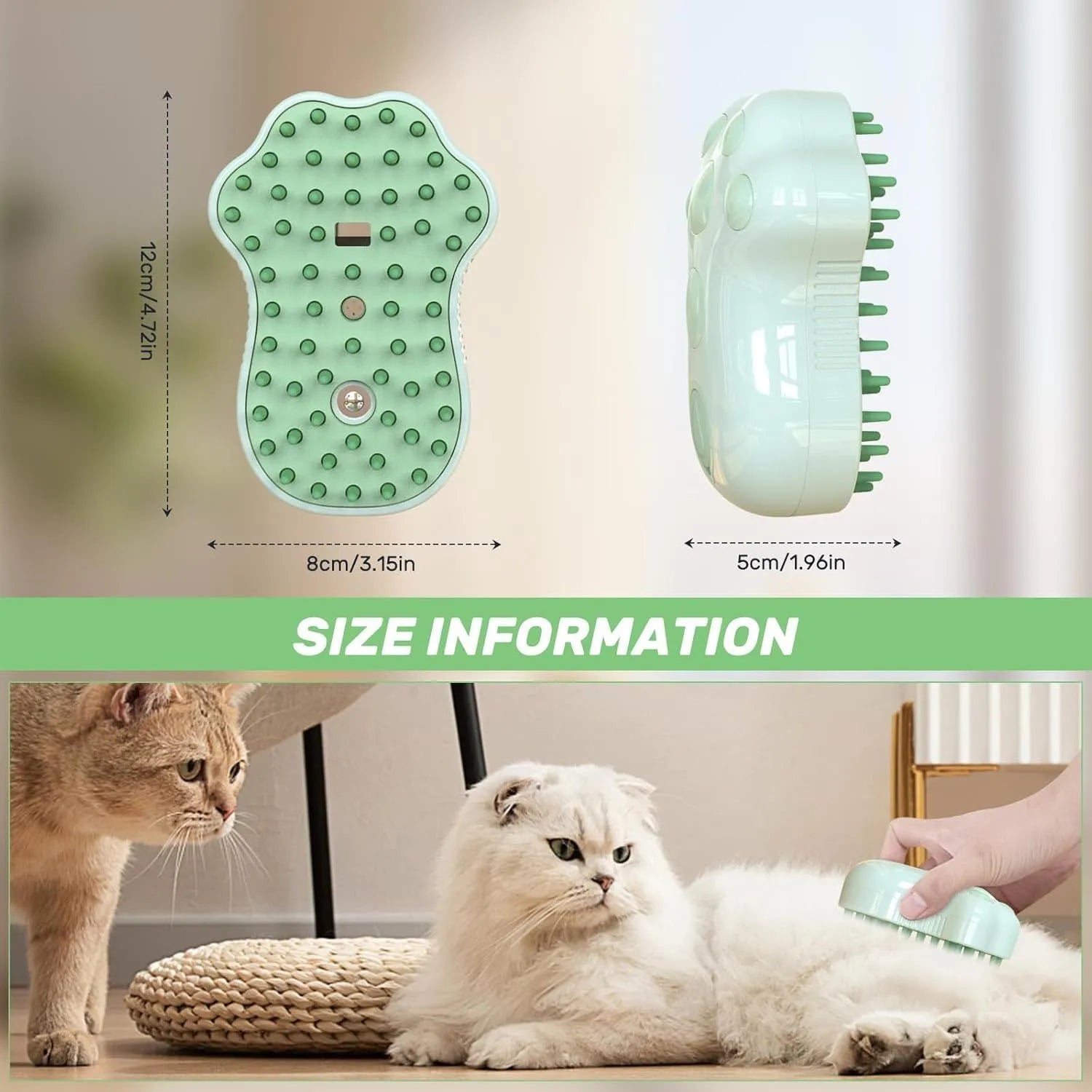 Blue self-cleaning cat steam brush with silicone bristles and spray nozzle